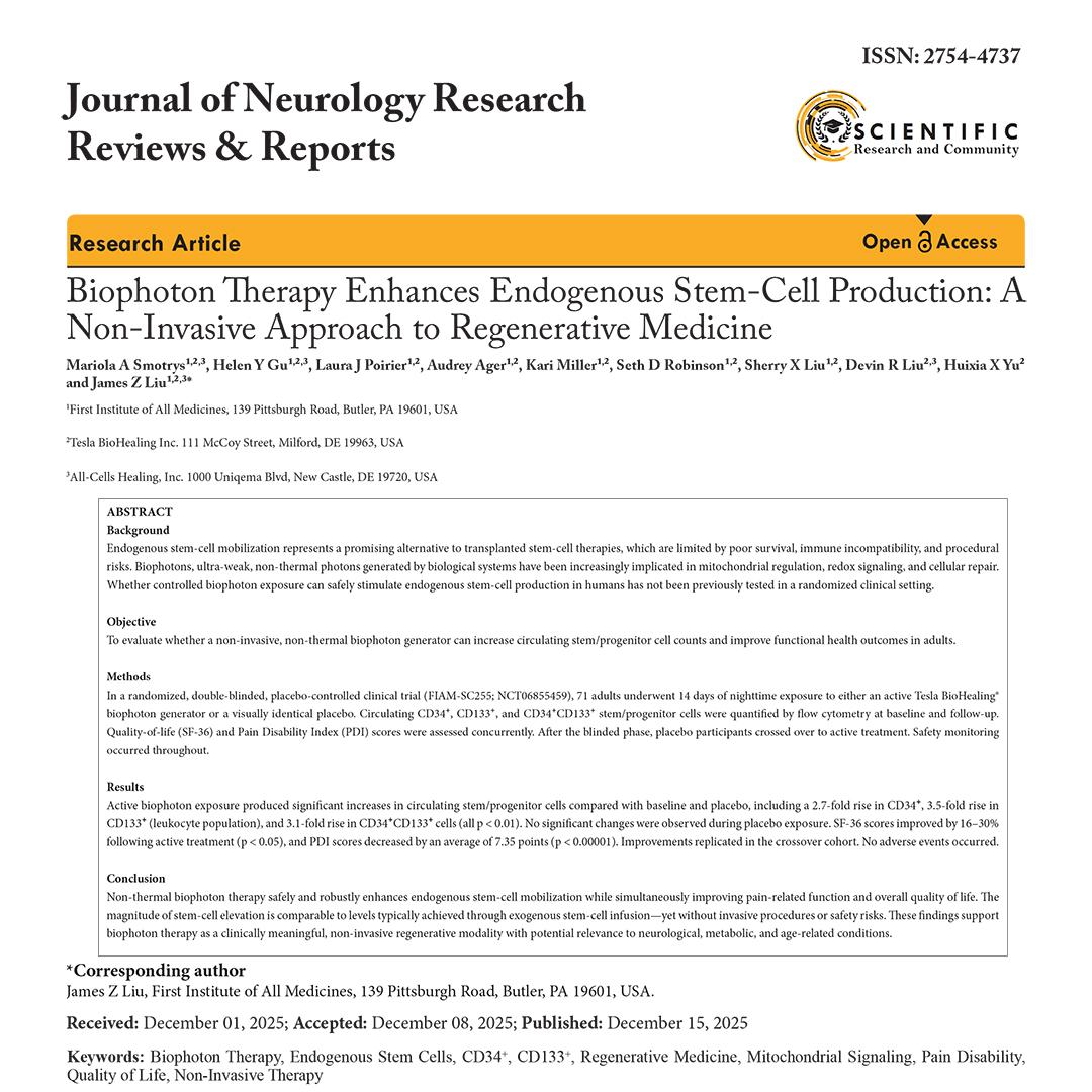 Biophoton Therapy Enhances Endogenous Stem-Cell Production: A Non-Invasive Approach to Regenerative Medicine